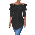 thumbnail image 3 of Scyoekwg Women Blouses Crew Neck Ruffle Off Shoulder Tops Trendy Loose Lightweight Fall Tops Solid Color Dressy Casual Blouses Long Sleeve T Shirts Women Blouses (Black,XXL), 3 of 7