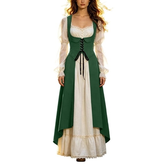 JIAYUE Women's False Two Piece Long Dress Vintage Elegant Breathable Lace Trim Corset Puff Long Sleeve Square Neck Dress For Halloween Party