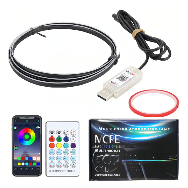 Faro delantero de fibra óptica con luz fría RGB para interior de coche, control por voz acrílico con aplicación de color mágico oculto y música