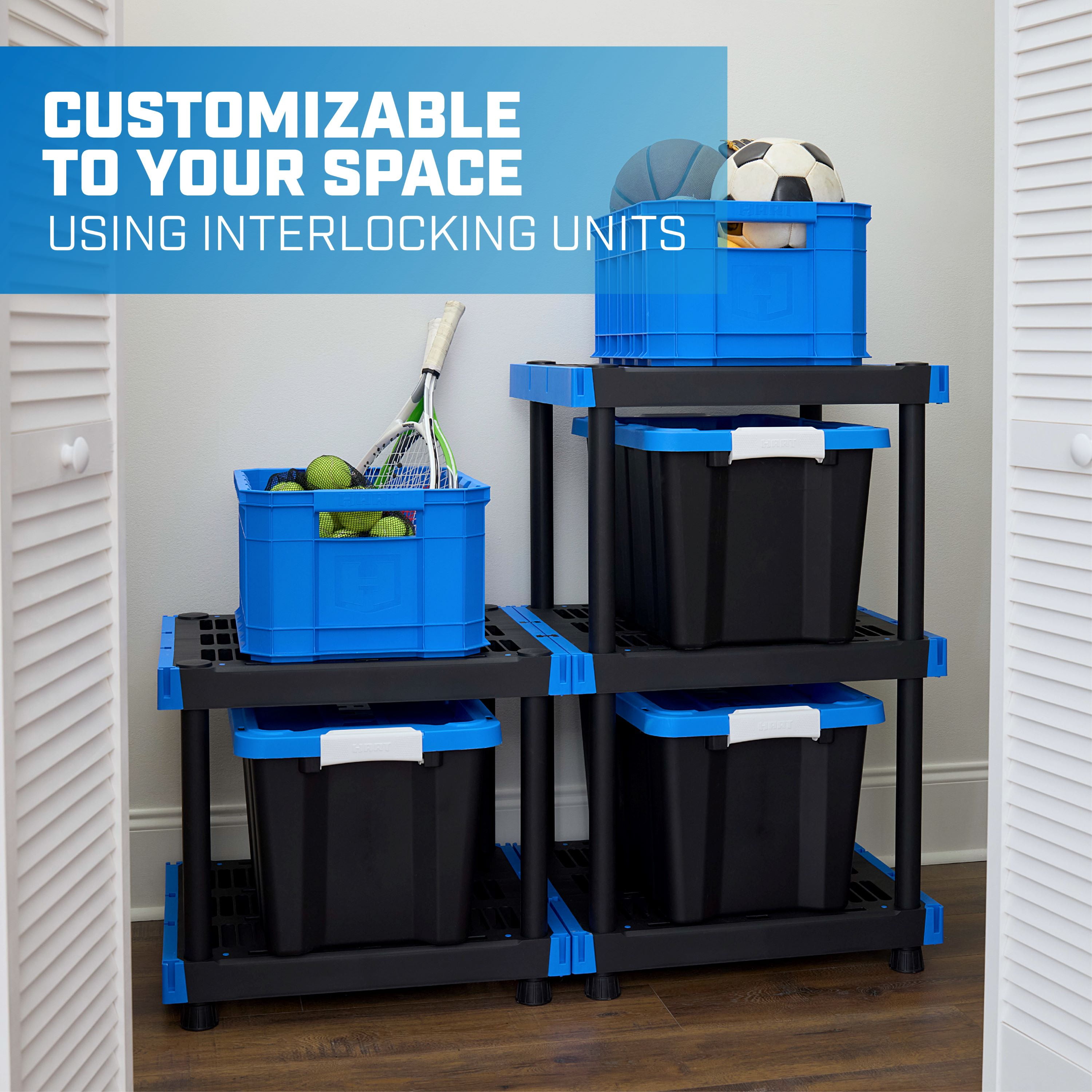 Hart 5-Shelf Plastic Storage Shelf, 24" W x 20" D x 72" H, Holds up to 500 lb Total Capacity, Black and Blue