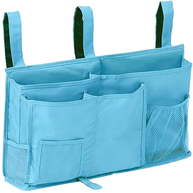 Bolsa de almacenamiento para mesita de noche, bolsillo para mesita de noche, portabotellas con 3 correas de gancho, Azul