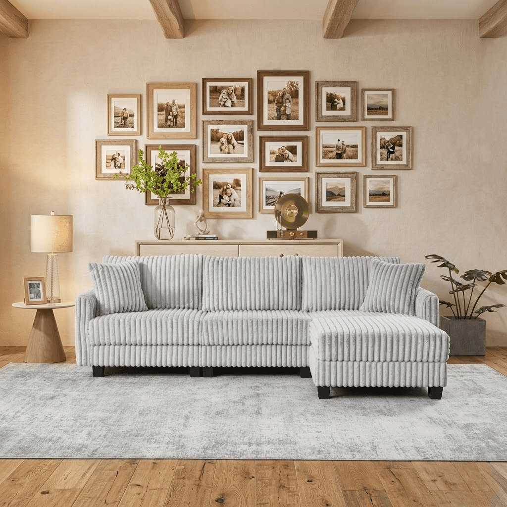 Howcool Cloud Couch Modular Sectional Sofa 3 Seat 100" L Shaped Convertible Couch Corduroy Thick Cushion with Ottoman, Removable & Washable Cover for Living Room，Grey