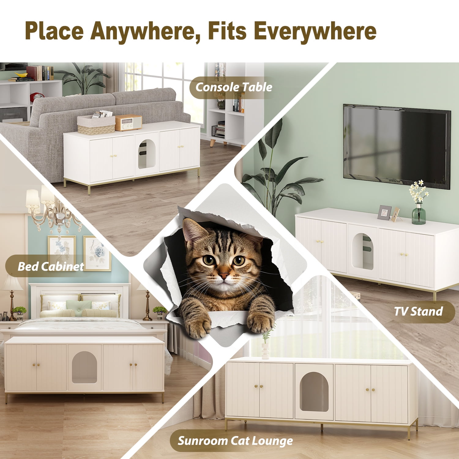 Cat Litter Box Enclosure for 2 Cats, Litter Box Furniture with Double Room, Central Entry, and Dual Use as TV Stand for Living Room, White (Elevated Version)
