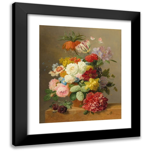 Arnoldus Bloemers 12x14 Black Modern Framed Museum Art Print Titled - Still Life with Roses, Peonies, Tulips, Narcissi, Convulvulus and Others in a Vase on a Marble Ledge