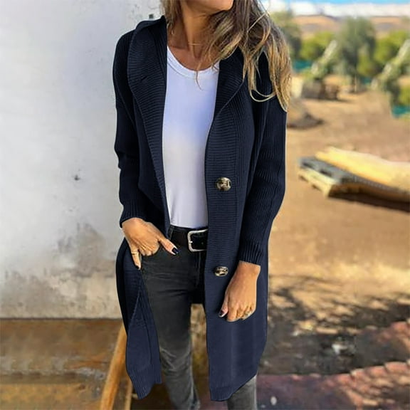 zejinsd Fall and Winter Jacket for Womens Mid-length Casual Sweater Cardigan Women's Clothing Long-sleeved Hooded Casual Lapel Knit Sweater Jacket with Pockets