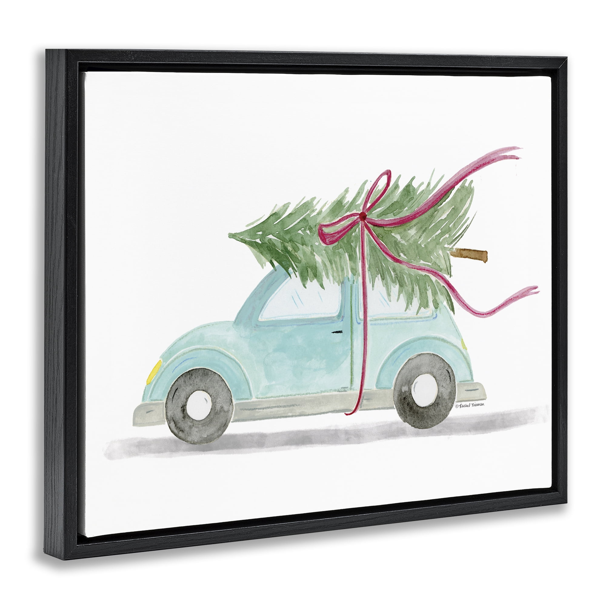 Stupell Industries Windblown Tree on Car Holiday Painting Black Floater Framed Canvas Art Prints Wall Art, 21 x 17
