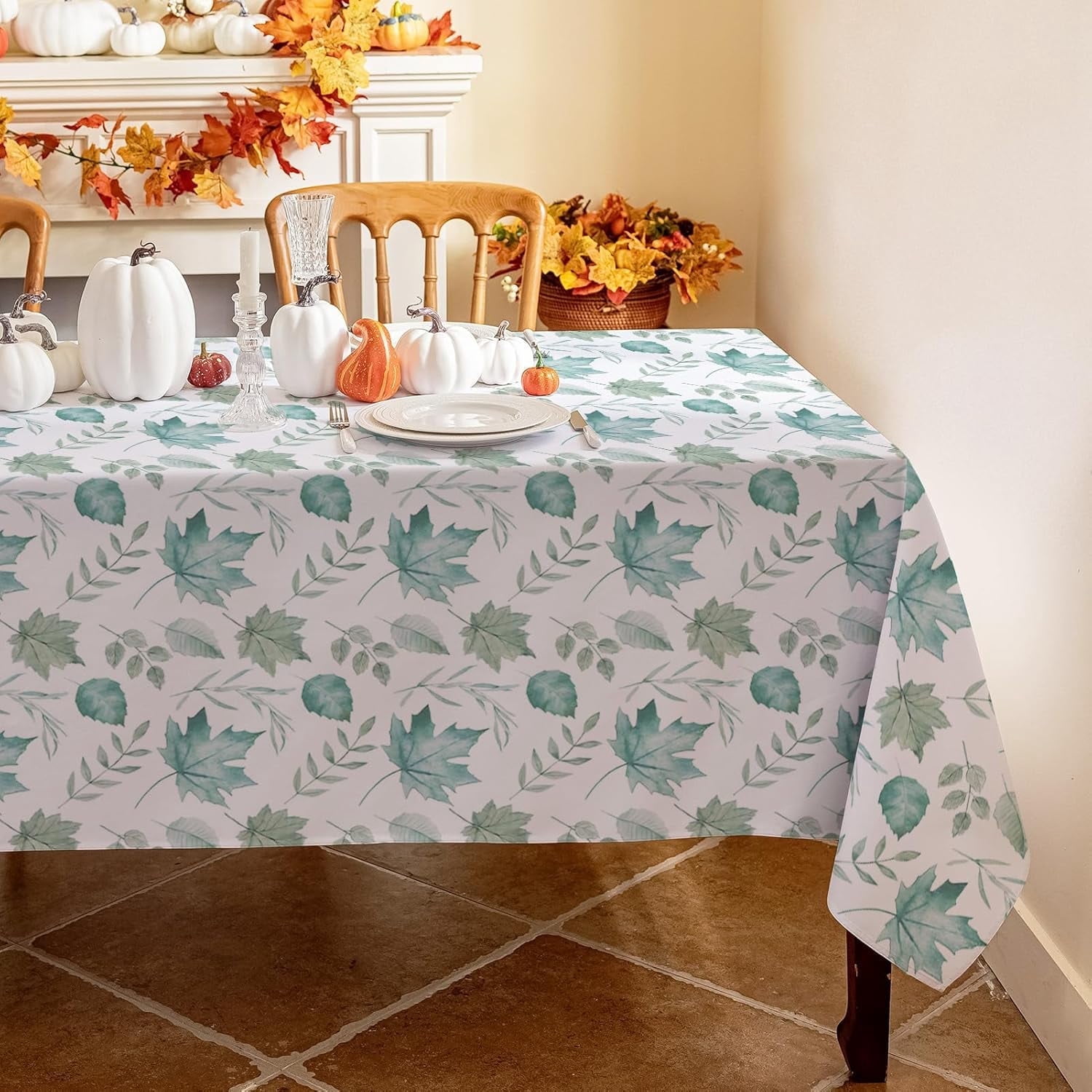 Nappe Rectangulaire d'Automne 60x84 Pouces, Nappe de Récolte d'Automne de l'Action de Grâce Bleu Vert Feuille d'Érable, Imperméable Résistante aux Taches pour Fête de Vacances de l'Action de Grâce
