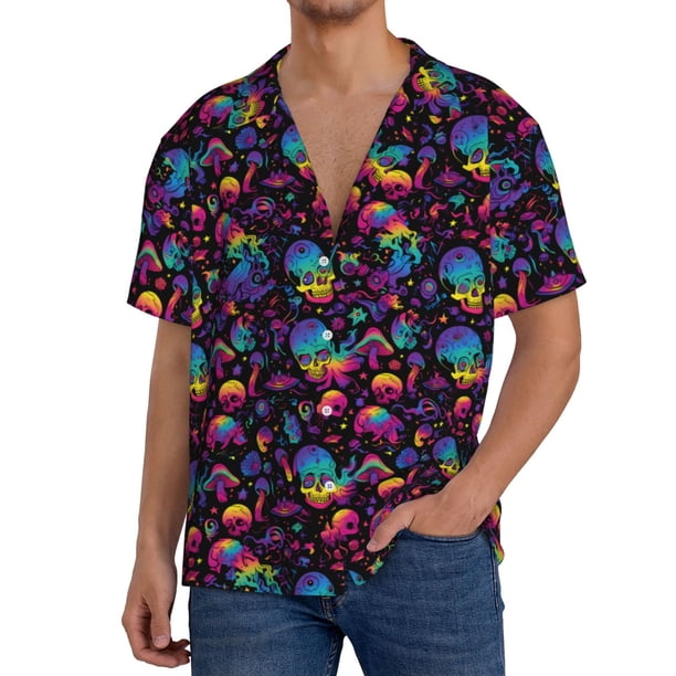 Fotbe mushroom colorful Skull Camisa Estampada de Manga Corta para Hombre, Casual de Verano, Estilo Playero, Sin Arrugas-3X-Large