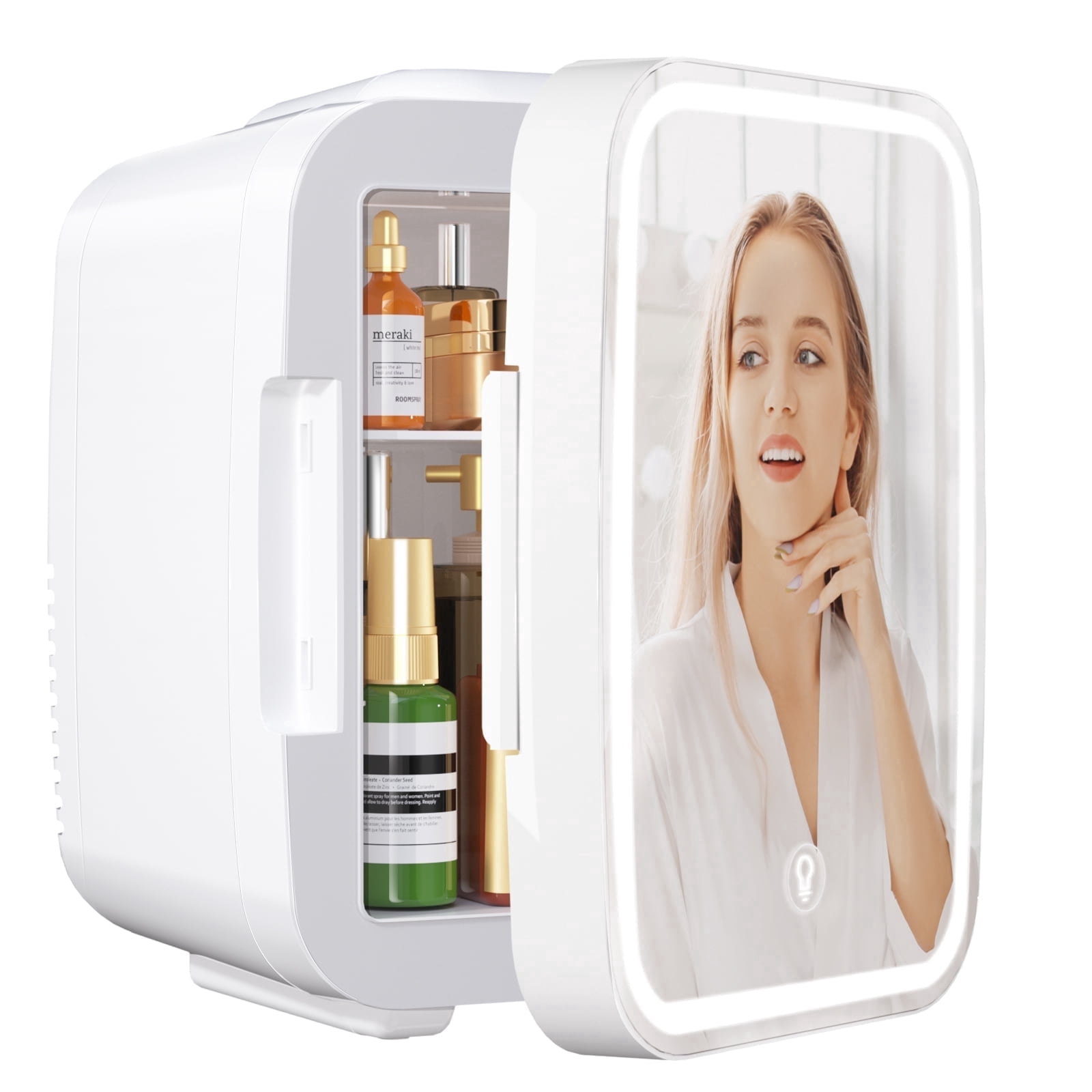 Skincare Fridge Mini Fridge for Bedroom with Dimmable LED Mirror, 4Liter/6 Cans Cooler and Warmer for Makeup, Cosmetic, Beauty, Portable Refrigerator for Bedroom, Vanity, Office and Car- White