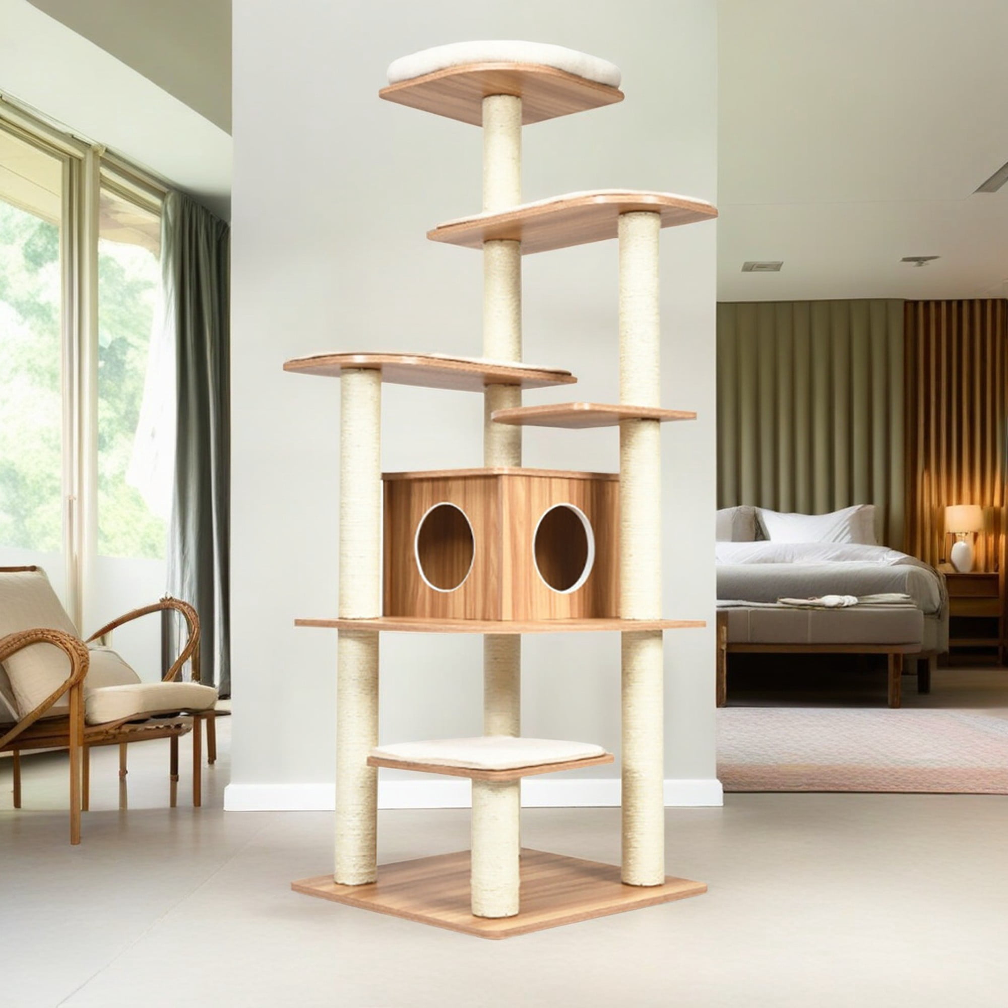 Pefilos 71" Modern Cat Tree Tower for Indoor Cats, Wood Cat Condo with Scratching Post and Removable Pads for Small Large Cats, Beige