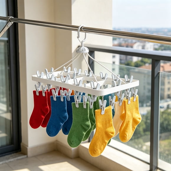 Tendedero para calcetines con múltiples pinzas – Perchero multifuncional para balcón, baño o cocina – Resistente al viento, diseño de plástico grueso para prendas pequeñas, toallas y peluches.