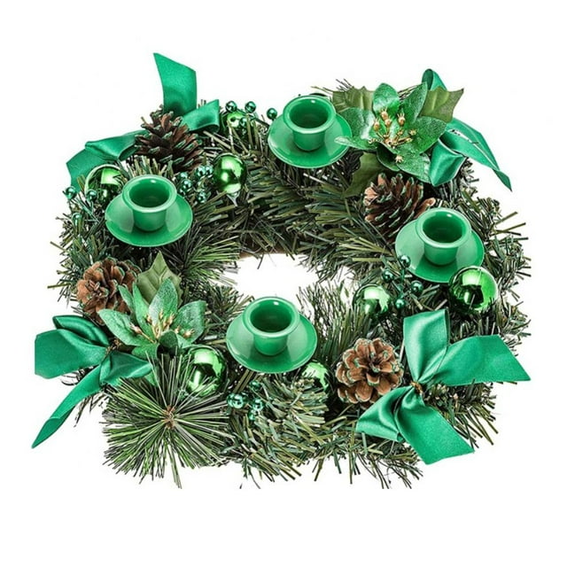 14" Christmas Advent Wreath Ring Candle Holder, Green Ribbon and Pine