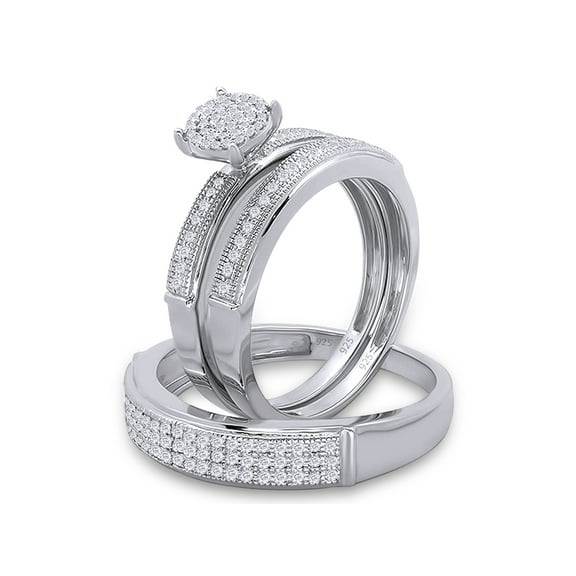 0.50 Carat (ctw) Round Cut White Lab Created Moissanite Diamond Men's and Women's Engagement Ring Trio Bridal Set In 14K White Gold Over Sterling Silver Size: Women-4 & Men-11