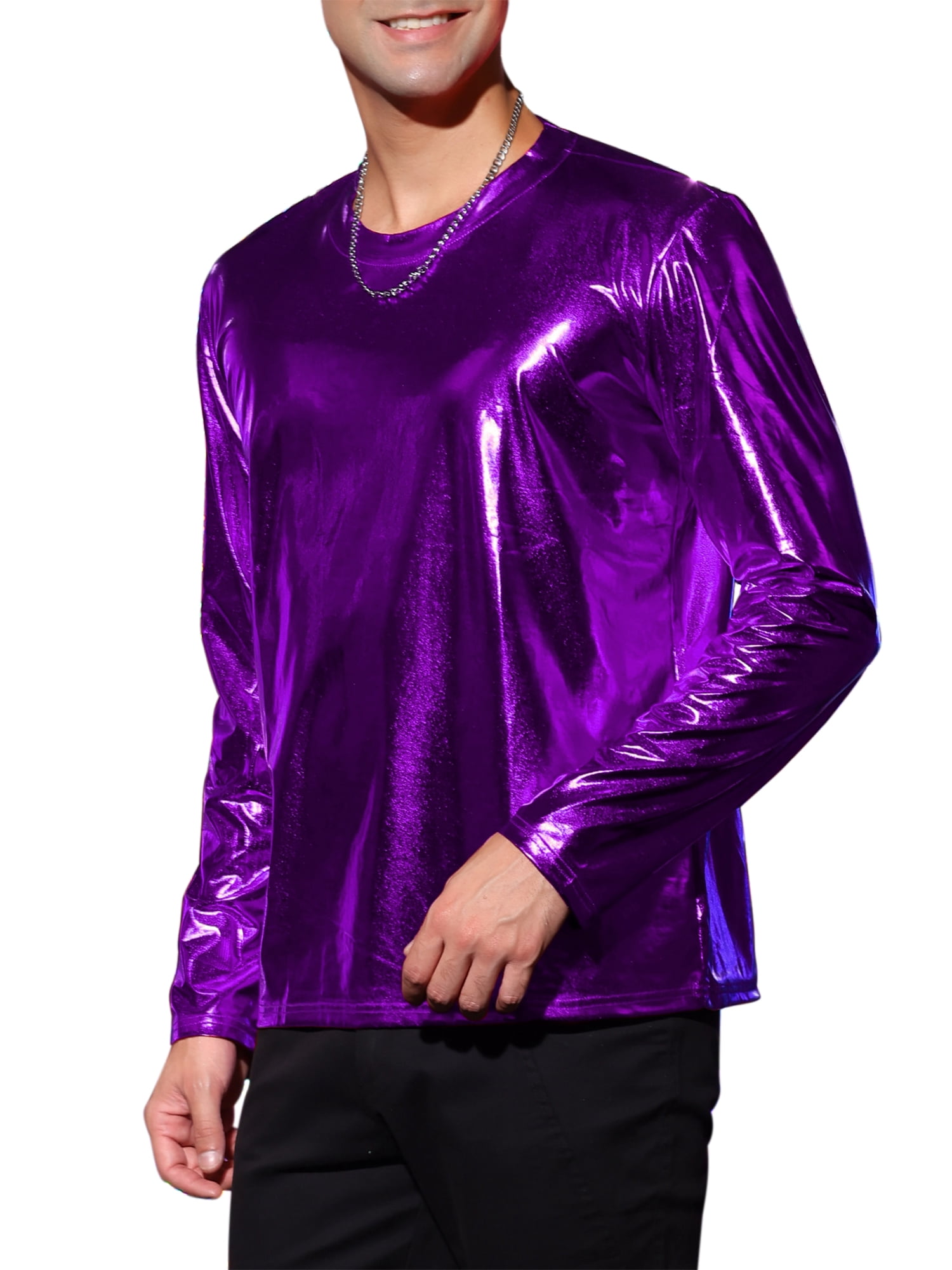 Unique Bargains Men's Metallic T-Shirt Round Neck Long Sleeve Shining Disco Tee Top S Purple