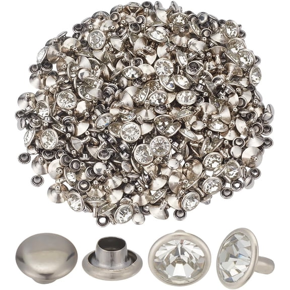 200 Sets Brass Rhinestone Rivets 10mm Flat Round White Clear Rivet with Caps and Studs