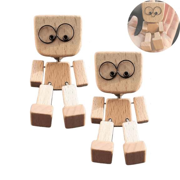 Shaking Feet Wooden Doll,Shaking Wooden Man Figurine,Wood Car Desktop Decoration,Handmade Car Dashboard Accessories with 12PCS Magnetic Expressions,Gifts for Wife Daughter(2 Set)