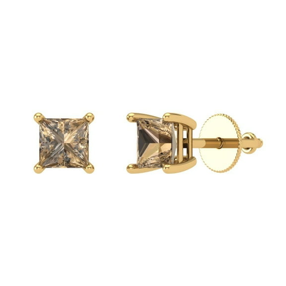 Clara Pucci 1Ct Champagne Princess Cut VVS1 Screw Back Stud 18k Solid hypoallergenic Gold Designer Earrings For April