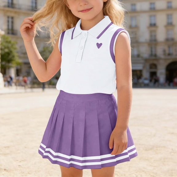 OOOUM Girls 2 Piece Tennis Outfits Set Sleeveless Top With Plaid Pleated Skirt Summer Casual Clothing Sets For Toddler Kid Purple 2-3 Years