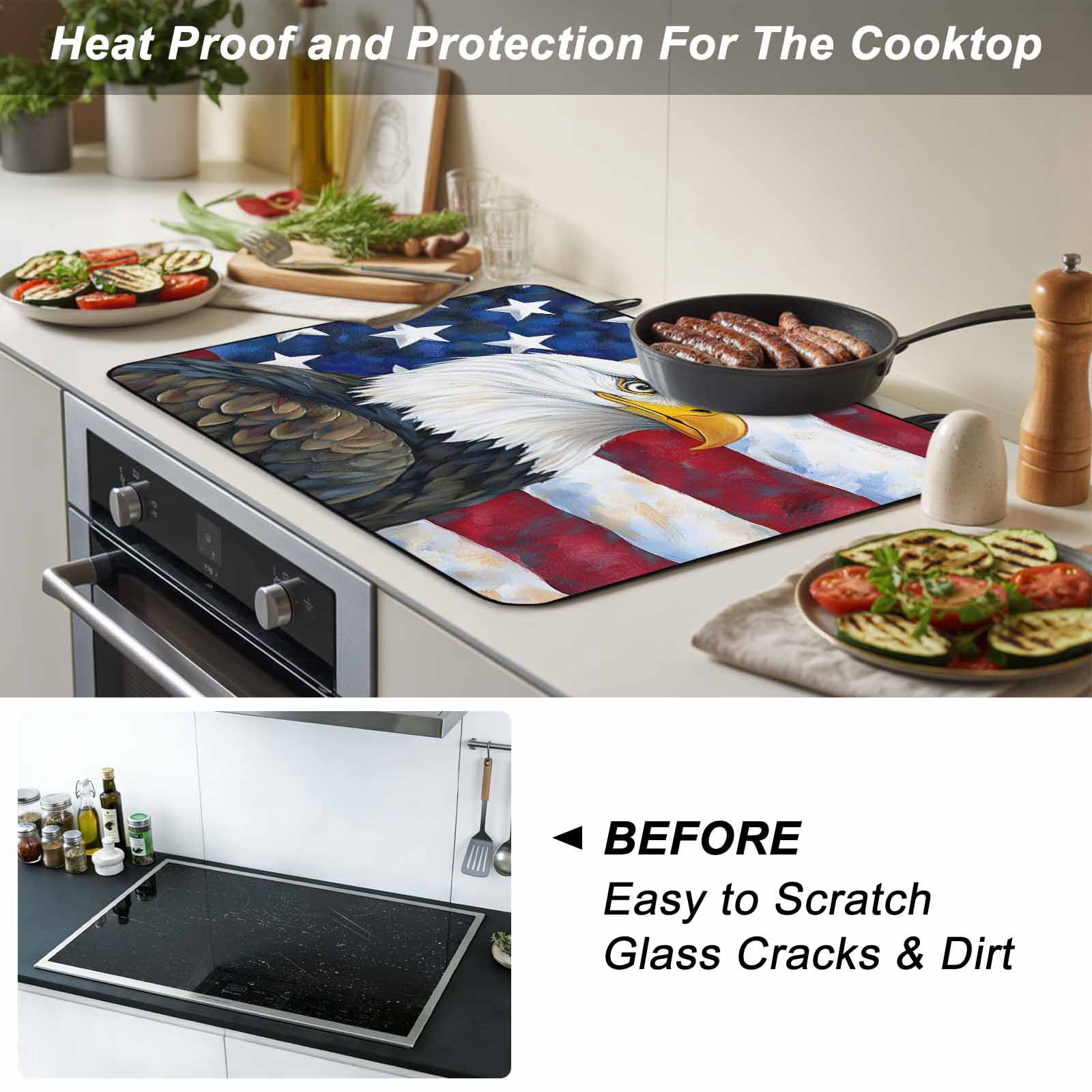 Eagle Stove Top Cover for Electric Stove, Heat-proof & Non Slip Glass Top Stove Cover Protector, Rustic Independence Day Red Blue Star Striped Flag Kitchen Flat Cooktop Rubber Mat 28.5x20.5 Inches
