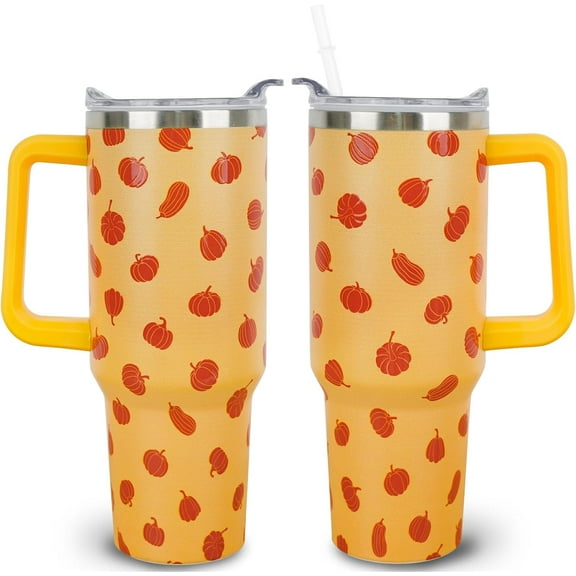 40 oz Fall Tumblers with Handle and Straw, Pumpkin 40oz Stainless Steel Vacuum Insulated Travel Coffee Mug Cup Water Bottle, Thanksgiving Autumn Decor Stuff Accessories Gifts for Women