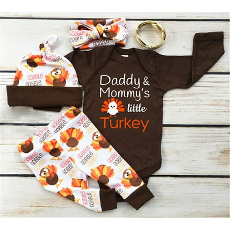 

Qtinghua Newborn Infant Baby Girl Boy Thanksgiving Outfits Romper Bodysuit Turkey Pants Headband Hat Clothes Brown 12-18 Months