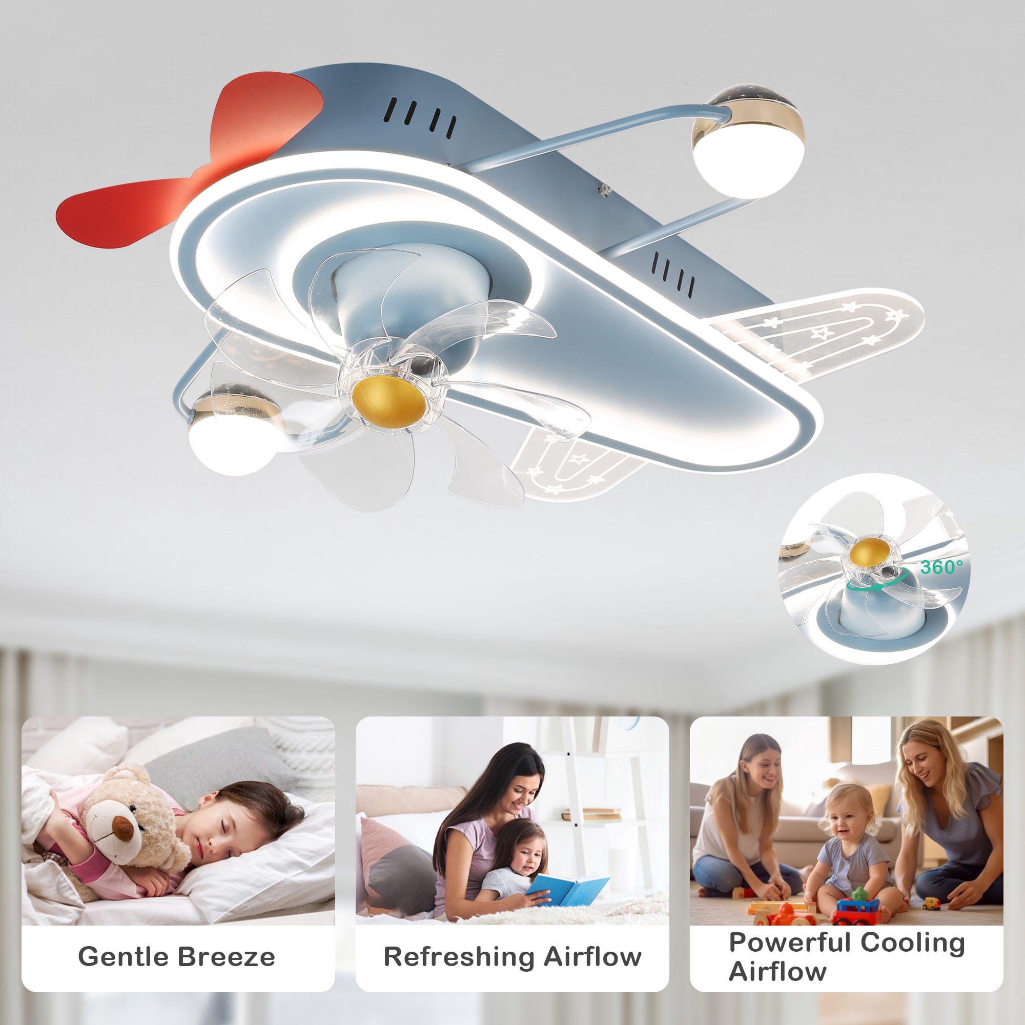 Cusp Barn 26 Inch Creative Plane aircraft Ceiling Fan With LED Light, Low Profile Flush Mount Ceiling Fan with Remote APP Control for Kids Bedroom