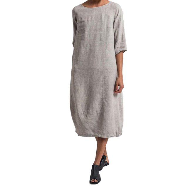 OUSITAID Vintage Été Femmes Couleur Unie O Cou Demi Manches Lin Doux Robe Midi en Vrac