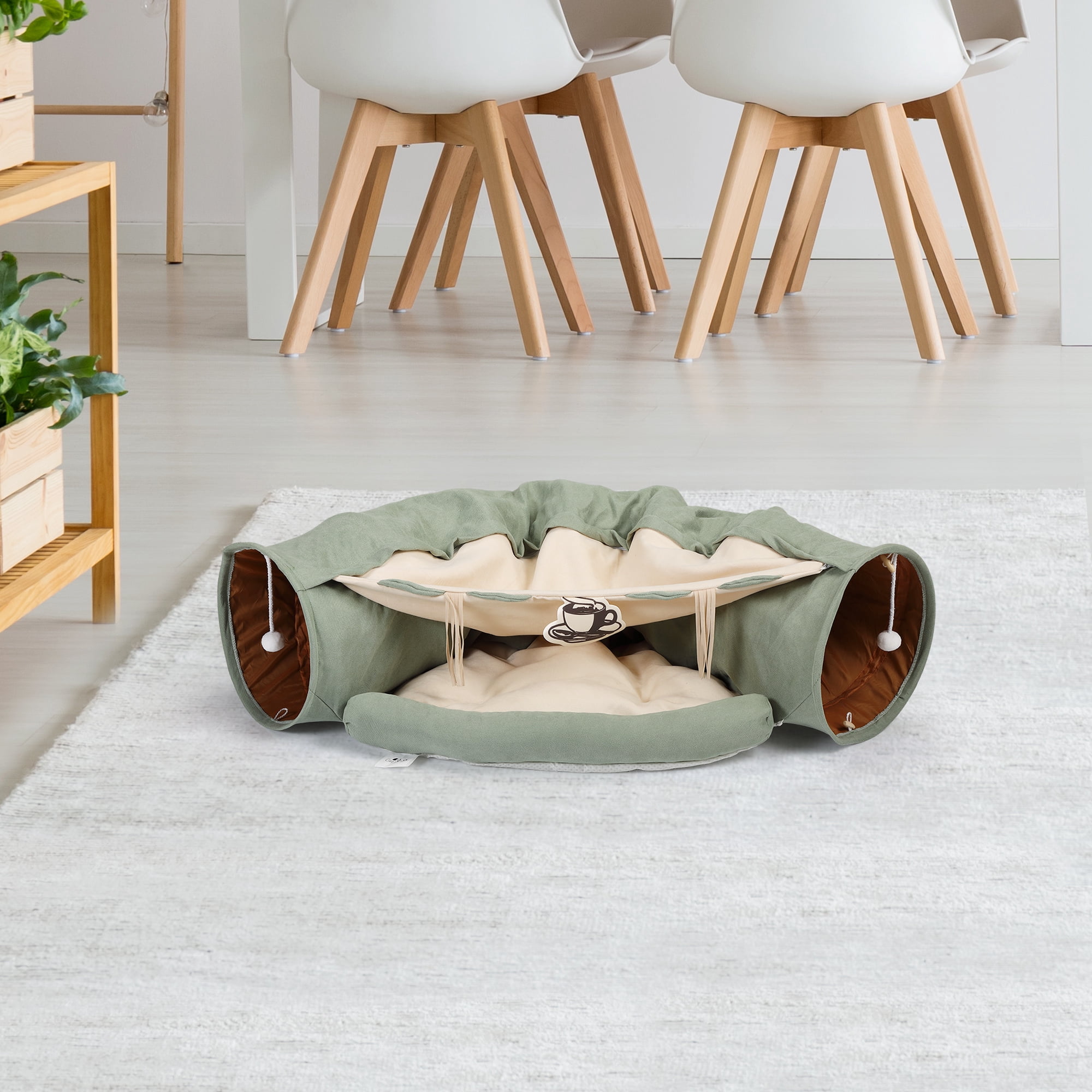 Cat Telescopic Tunnel Cushioned Bed Pet Nest with Teasing Balls Zipper Connection Non-Slip Bottom Collapsible Cat Play Tunnel Bed Bright Green