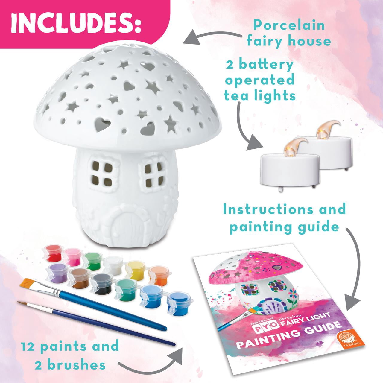 MindWare Paint Your Own Fairy Mushroom House Light, Craft Kit Includes 2 Tea Lights, Paint, Brushes and Instruction Guide