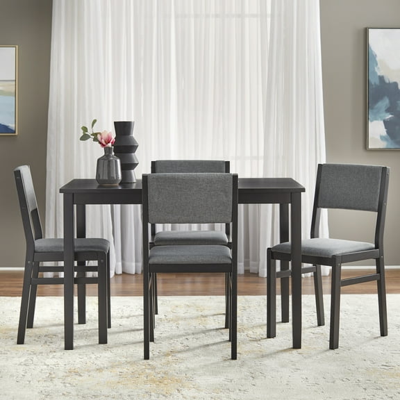 TWM National 5 Piece, Adult Mid-Century High Back Rubberwood Dining Table with Chair, Black