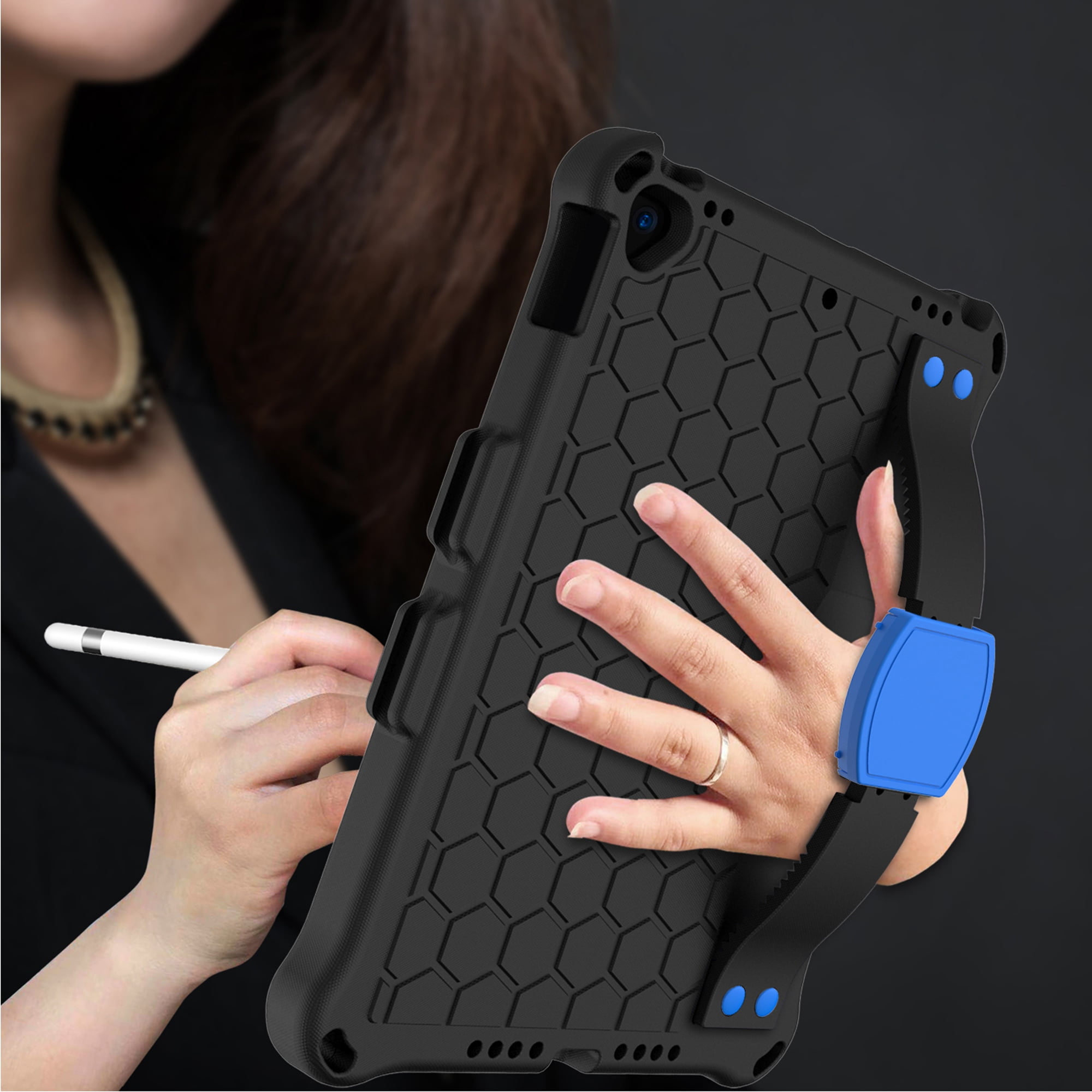 iPad 10.2 2021 Case with Screen Protector, Dteck Shockproof Case for iPad 9th Gen/ iPad 8th Gen / iPad 7th Gen with Removable Shoulder Strap/Hand Strap/Pencil Holder, Heavy Duty Rugged Case,Black/Blue