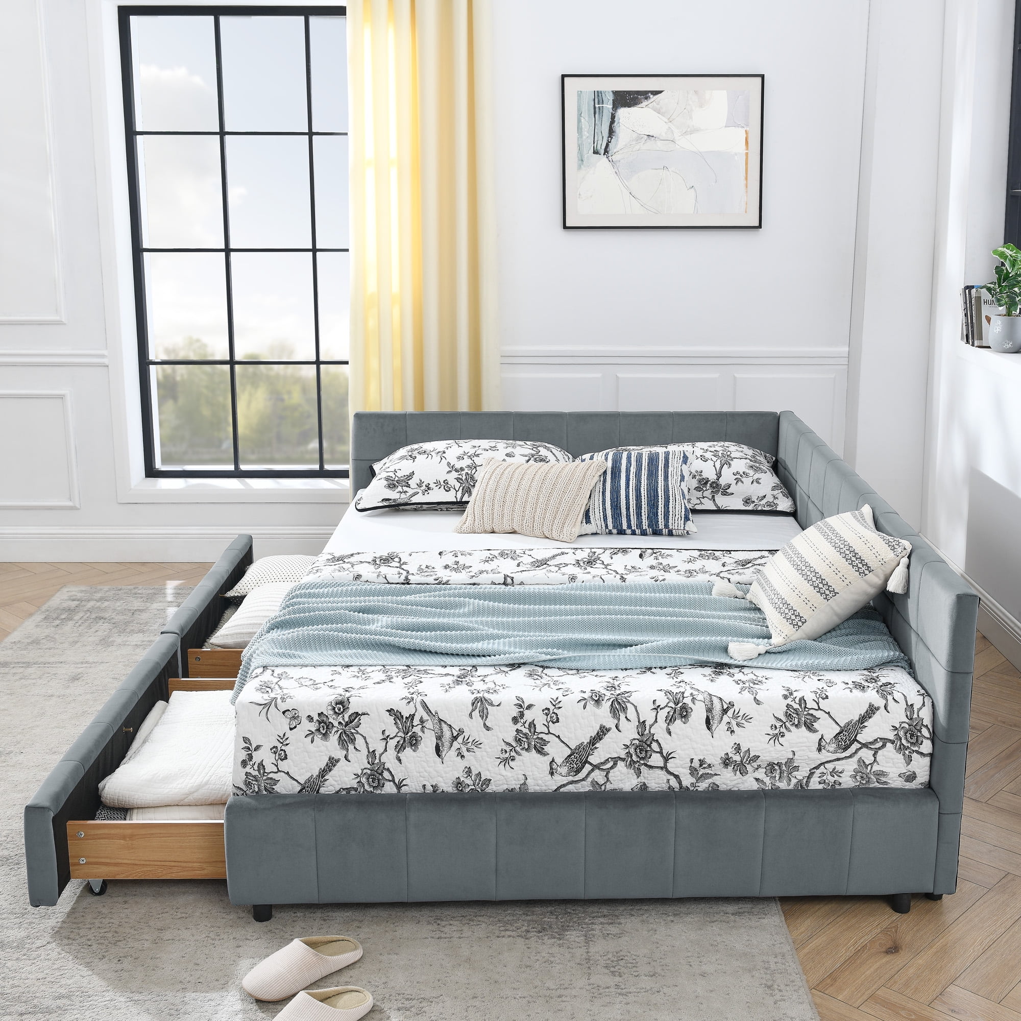 Gewnee Queen Size Storage Upholstered Tufted Sofa Bed Frame with Comfortable Backrest and Armrests for Bedroom