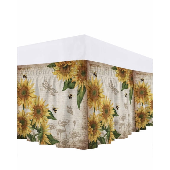 Sunflowers Bed Skirt Queen Size, Vintage Yellow Floral Farm Butterfly Wrap Around Bed Skirting with Adjustable Elastic Strap, Dust Ruffle Pleated Bedskirts 16 Inch Drop for Bedroom Queen Beds