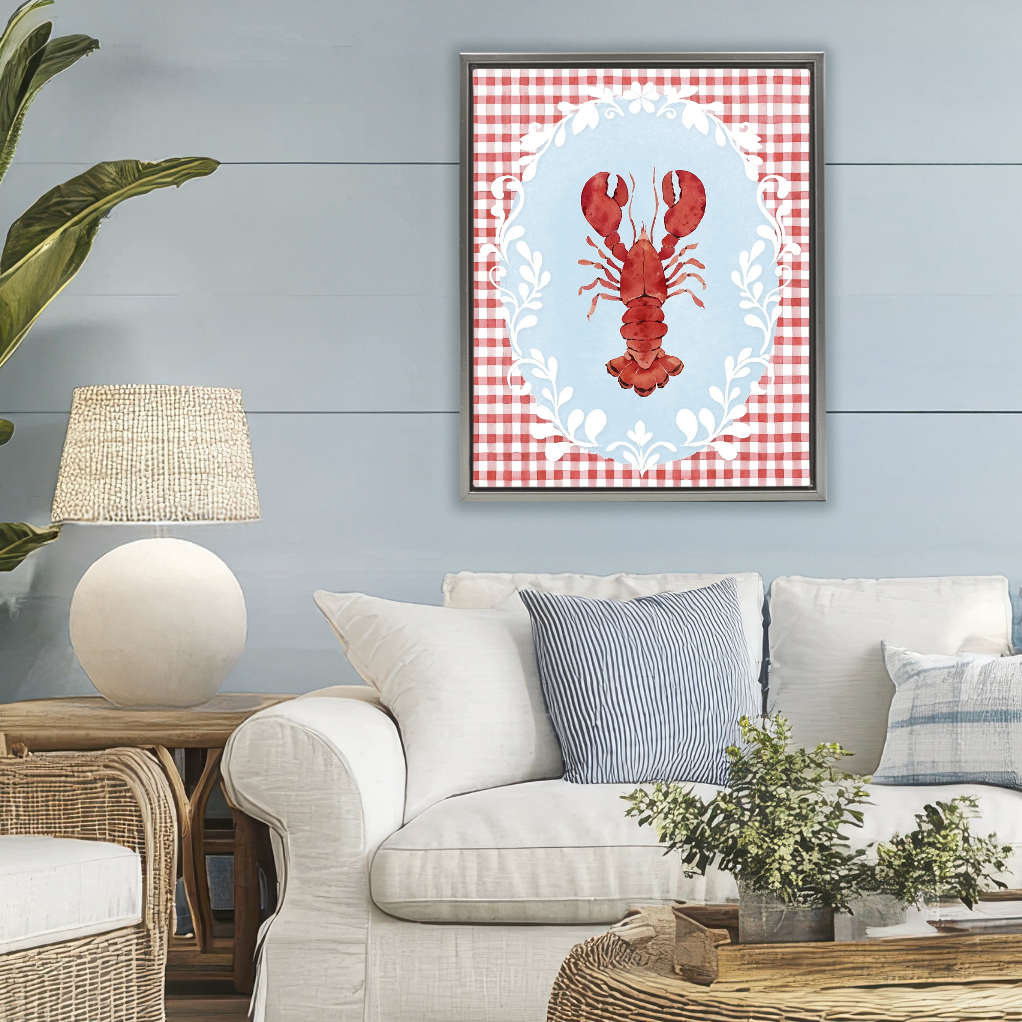 Stupell Industries Lobster with Red Plaid Gray Framed Floater Canvas Wall Art, design by Heather Lee Chan