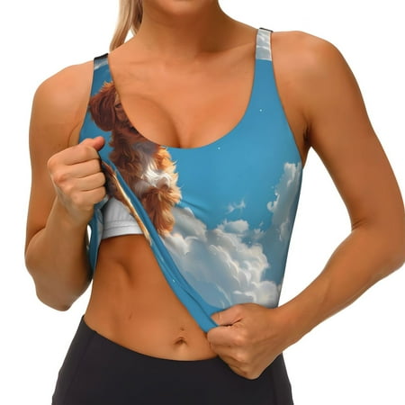 Qokaie Blue Sky Cloud Puppy Pattern Womens Scoop Neck Sports Bra Breathable Workout Vest Padded U Back Medium Impact Fitness Gym Yoga Bra Workout Crop Top