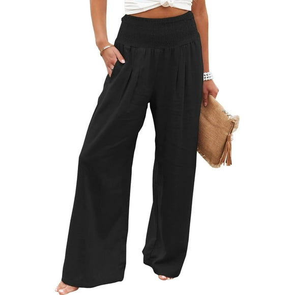 Un Pantalon d'Été en Lin de Coton Taille Haute pour Femmes Pantalon de Salon Long Jambe Large avec Poche Noir Moyen