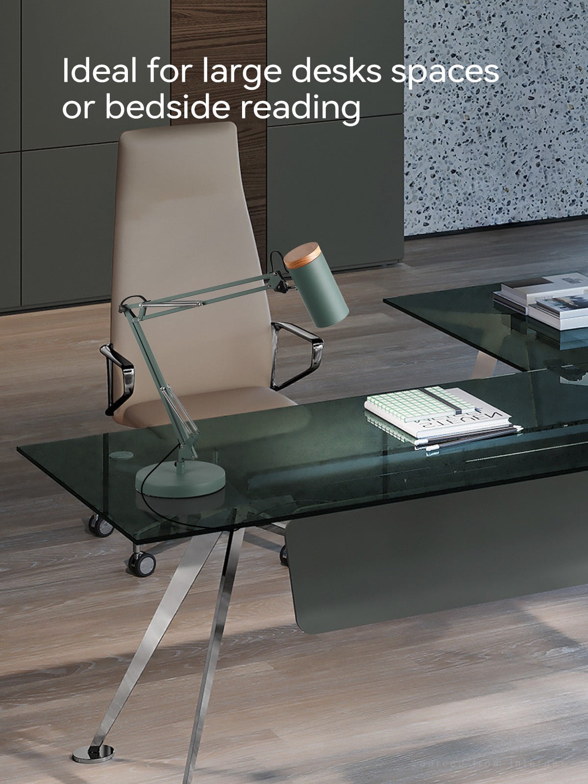 Adjustable Metal Table Lamp, Large Size Max Height 26", E26 Base, Swing Arm Desk Light with Wooden Accent, Dark Green