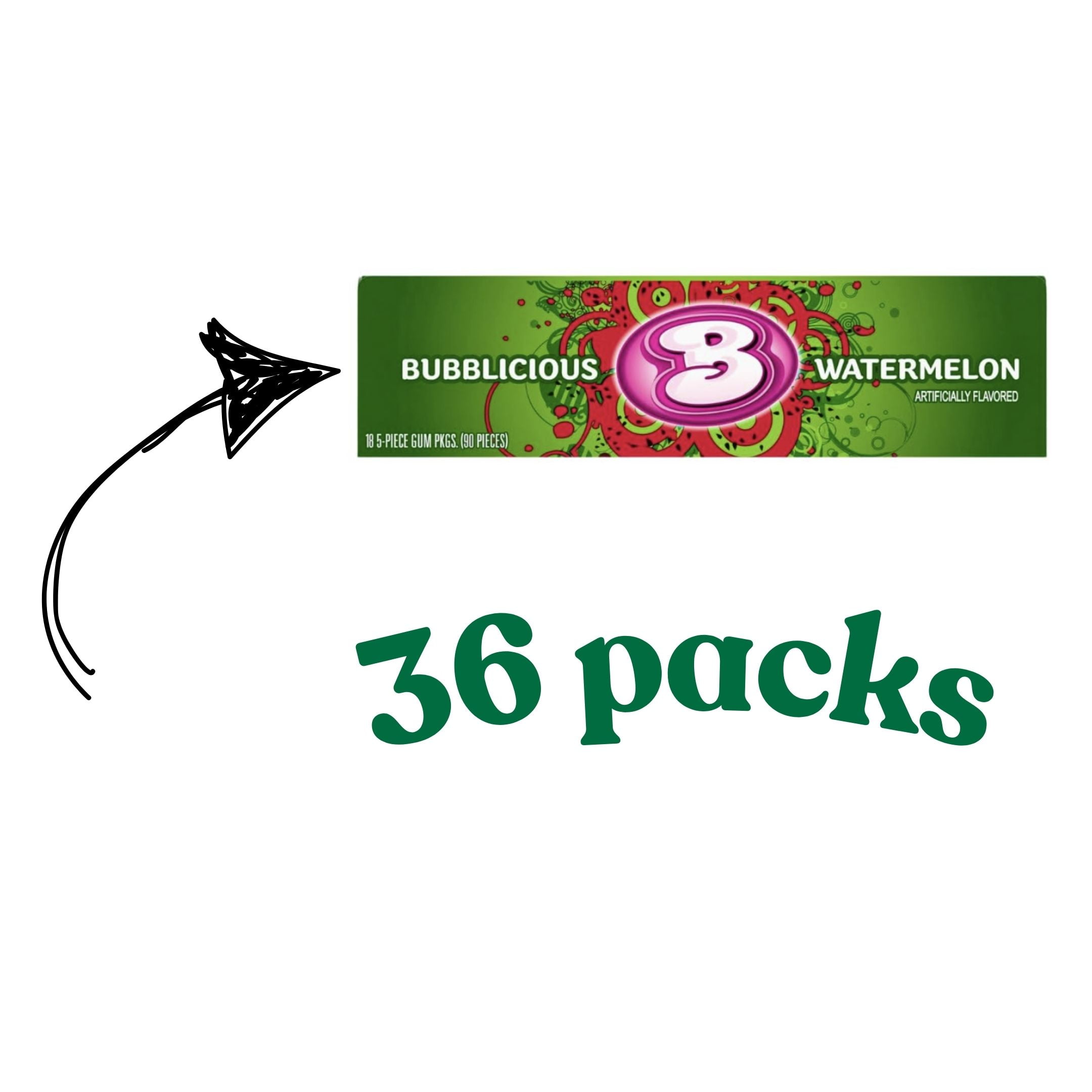 Bubblicious Watermelon Gum, 36 Packs of 5 Pieces  (180 Total Pieces)