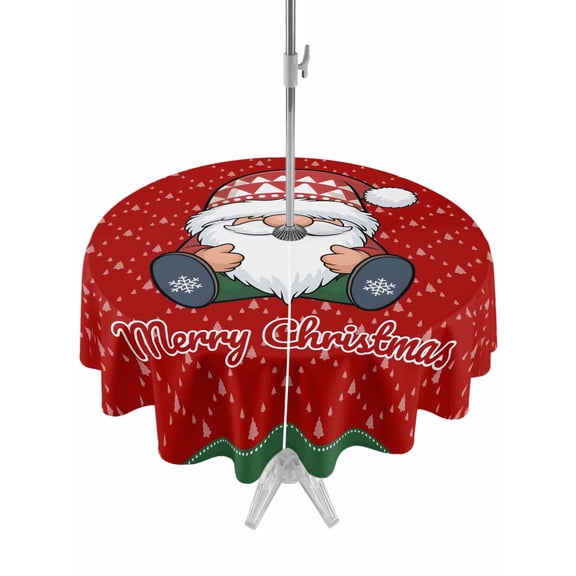 Outdoor Tablecloth with Umbrella Hole and Zipper, Christmas Gnomes Round Table Cloth 60 Inch Waterproof Tablecloth, Winter Xmas Snowflakes Textured Red Picnic Table Cover for Patio Camping