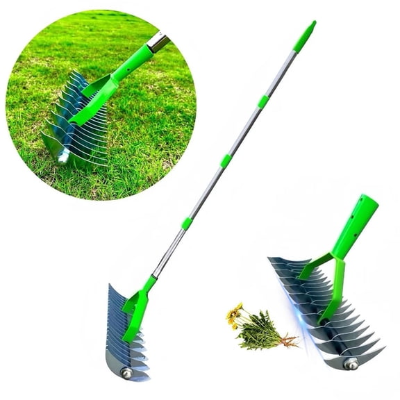 Merryhome 12.8In Thatch Rake for Lawns,Durable Efficient Dethatcher Rake with Adjustable Long Handle-70In,Stainless Steel Garden Rake for Raking Leaves,Dead Grass,Loosening Soil