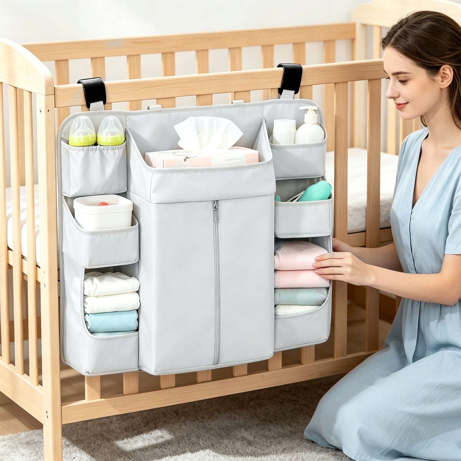 Hanging Crib Organizer with Multi-Pockets, Baby Diaper Caddy Storage Bag, Washable Nursery Organizer for Diapers, Bottles, Wipes and Baby Essentials Gray