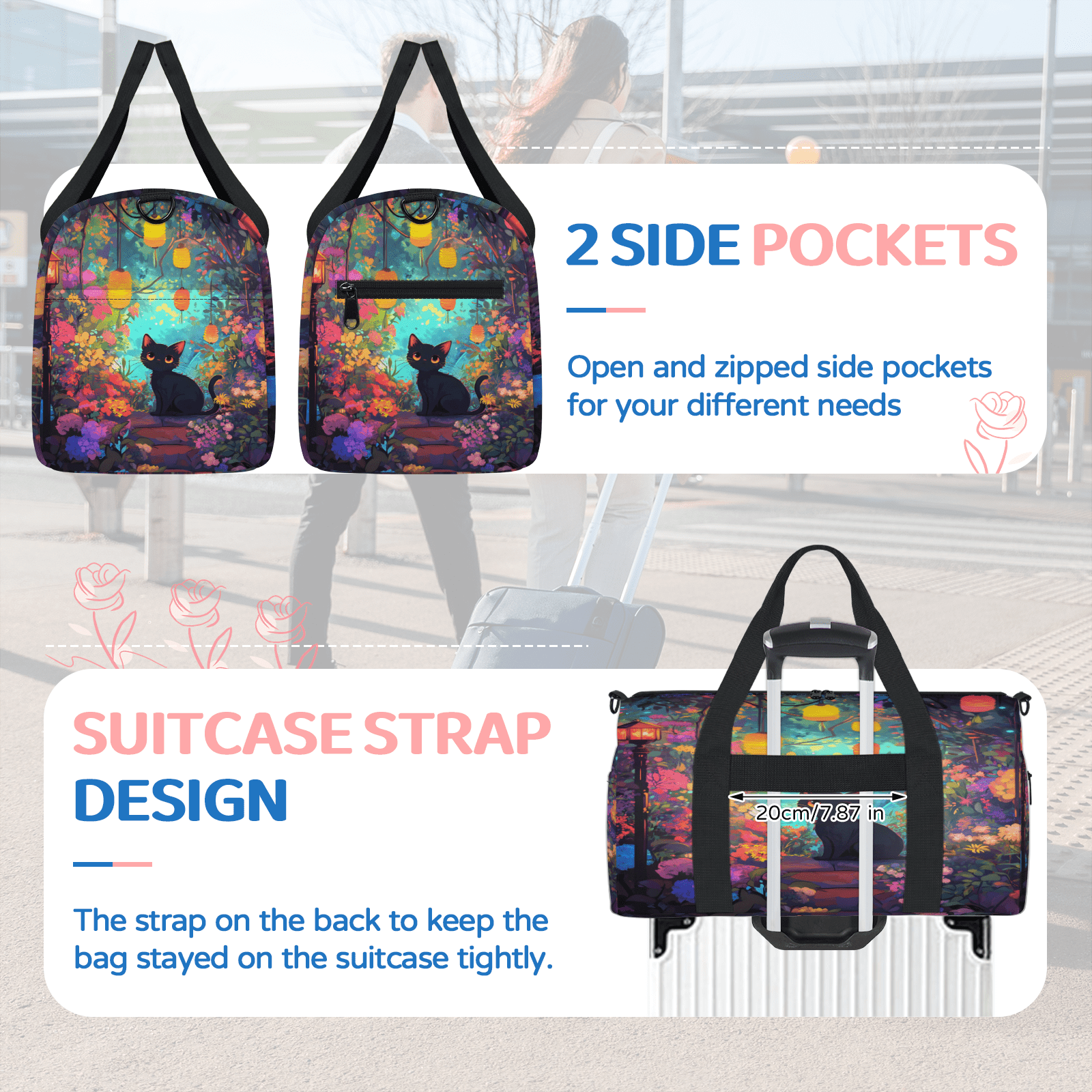 Herdesigns Cute Gym Bag for Women, Cat Duffle Bag for Travel Sport, Lightweight Waterproof Carry on Weekender Overnight Dance Yoga Workout Bags