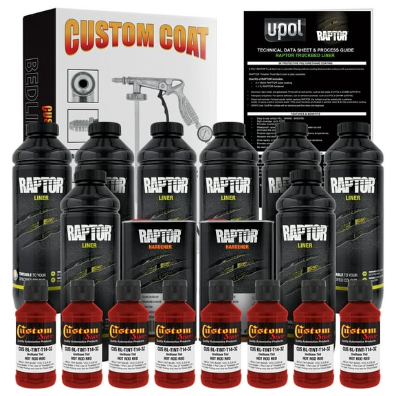 U-POL Raptor Hot Rod Red Urethane Spray-On Truck Bed Liner Kit w/ FREE Custom Coat Spray Gun with Regulator, 8 Liters