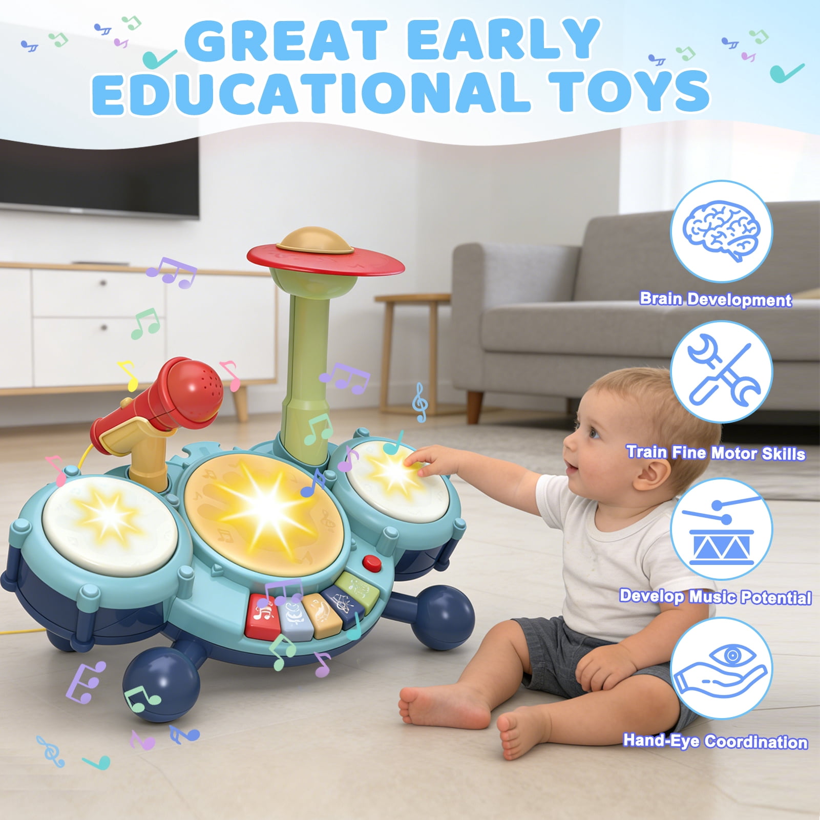 Leimiao Kids Drum Set for Toddlers, Montessori Musical Toys with Microphone, Learning Developmental 1-4 Years Baby Gift (Blue)