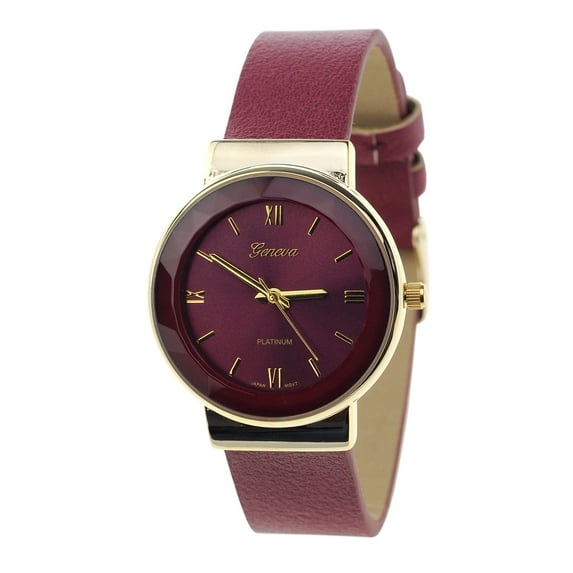 Geneva Japanese Movement Stainless Steel Back Casual Burgundy Faux Leather Strap Watch