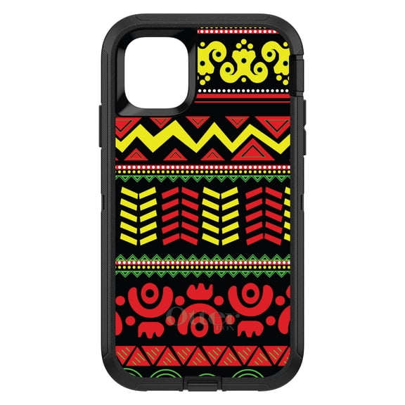 DistinctInk OtterBox Defender Custom Case for Apple iPhone 15 (6.1" Screen) - Black Yellow Red Aztec Tribal - Slim Profile Design