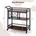thumbnail image 3 of Costway 3-tier Bar Cart on Wheels Home Kitchen Serving Cart with Wine Rack & Glass Holder Rustic Brown, 3 of 10