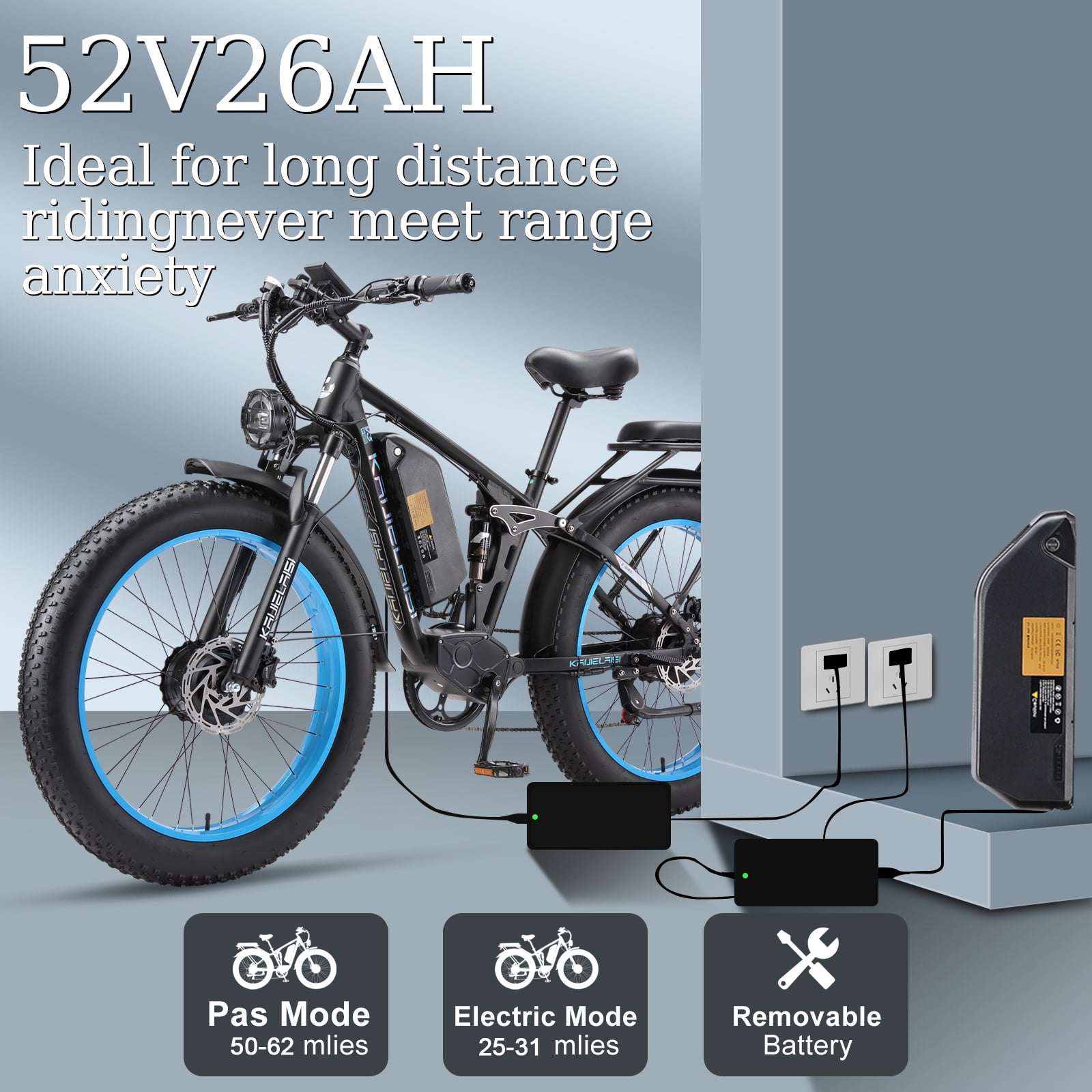 KAIJIELAISI Electric Bike for Adults Dual Motor AWD Mountain Electric Bicycles 52V 26AH Removable Lithium Battery, 26" 4.0 inch Fat Tire Ebike E-Bike for Adults UL2849.