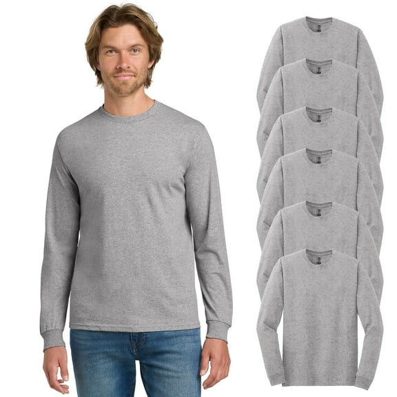 Gildan Men’s Heavy Cotton Long Sleeve T-Shirt, Long Sleeve Tee, 90/10 cotton/polyester, Ideal for Everyday Comfort, Sport Grey, Pack of 6, Size- S