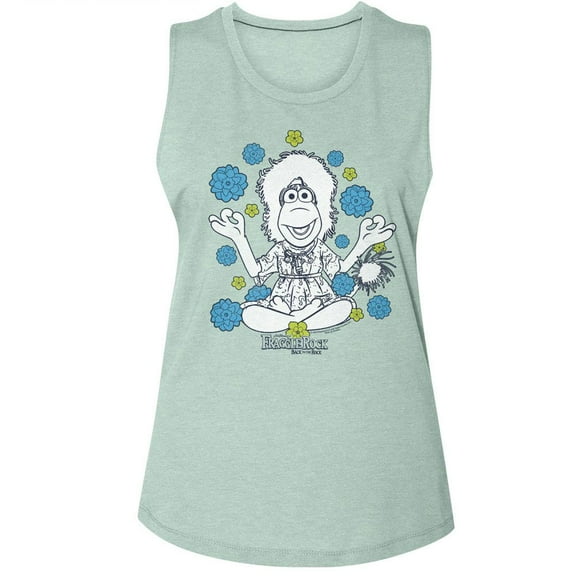 Fraggle Rock Mokey And Flowers Stonewash Green Women's Muscle Tank Top T-Shirt